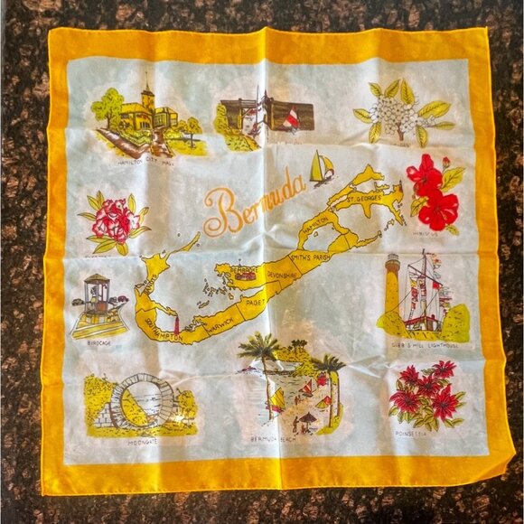 Bermuda Map Scarf 26” X 27” Yellow Border Landmarks & Illustrations vintage - Picture 1 of 14
